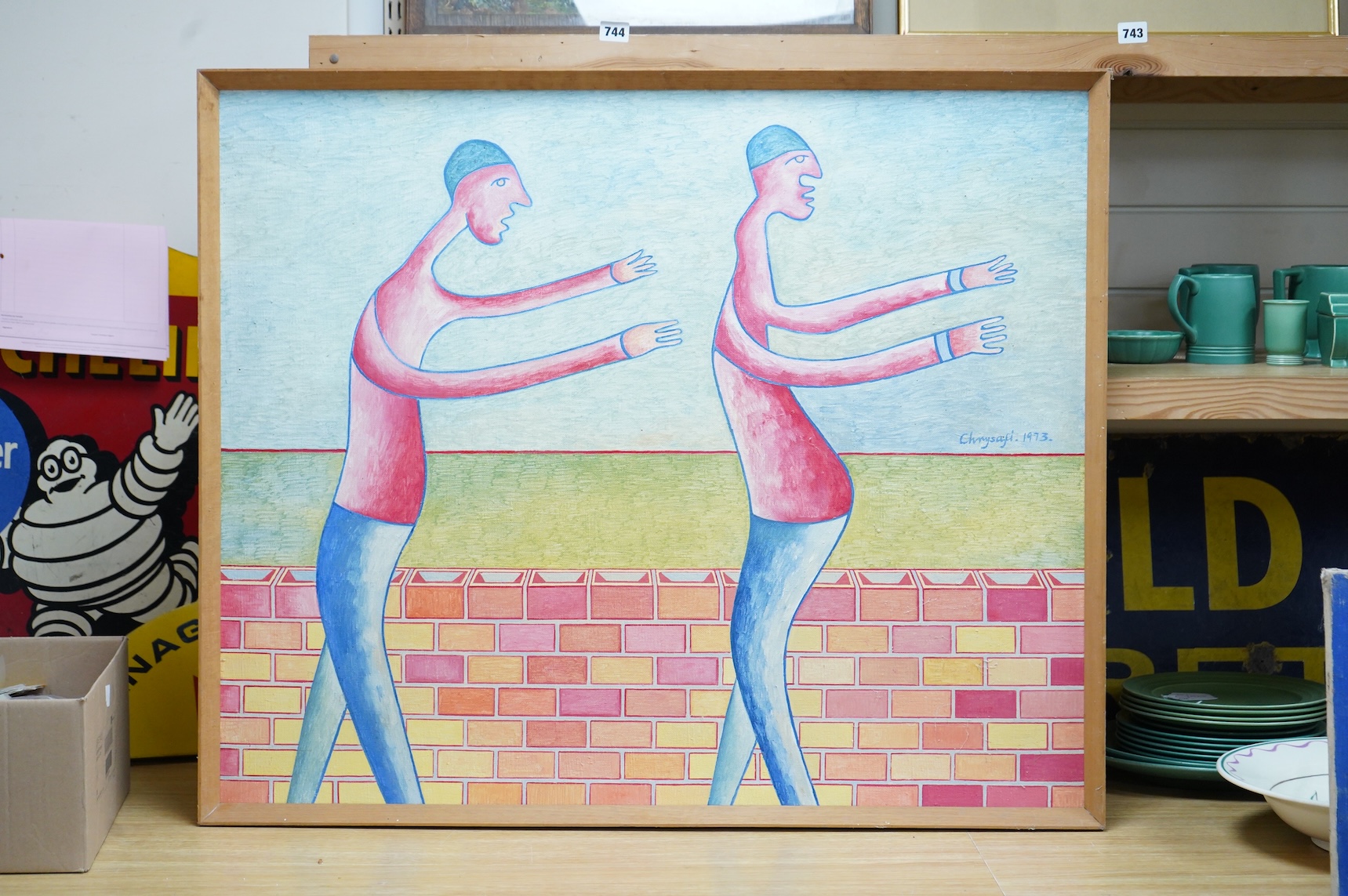 Andrew Chrysafi (b.1938), ‘Lost in Paradise’, signed and dated 1973, mid century oil on canvas, 74 x 89cm